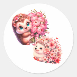  Cute Romantic Floral Hedgehog Duo Illustration Ronde Sticker