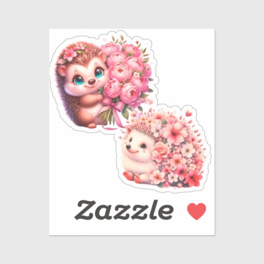  Cute Romantic Floral Hedgehog Duo Illustration Sticker (Vel)