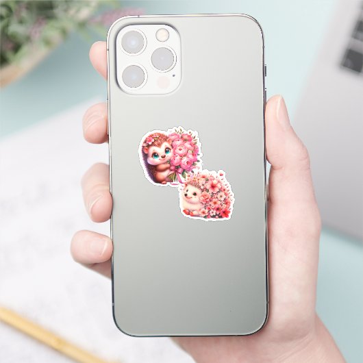  Cute Romantic Floral Hedgehog Duo Illustration Sticker (Telefoon)