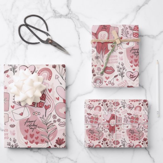 Cute Romantic Hugs Kisses Valentijnsdag Girly Inpakpapier Vel (Voorkant)