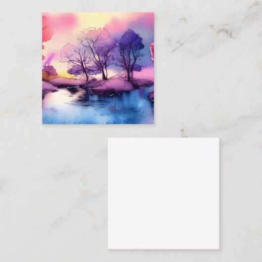 Cute Romantic Lake Landscape Waterverf Vierkante Visitekaartje (Voorkant / Achterkant)