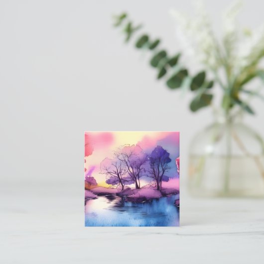 Cute Romantic Lake Landscape Waterverf Vierkante Visitekaartje (Staand voorkant)