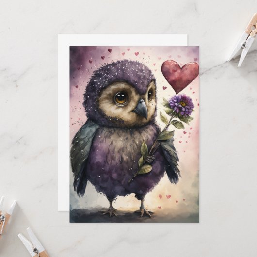 Cute Romantic Owl Valentijnsdag Kaart (Voorkant / Achterkant in situ)