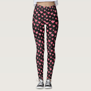 Cute Romantic Pink Glitter Hearts on Black Yoga Leggings