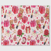 Cute Romantic Red & Pink Watercolor Love Pattern  Cadeaupapier (Vlak)