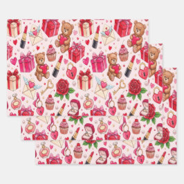 Cute Romantic Red & Pink Watercolor Love Pattern  Inpakpapier Vel