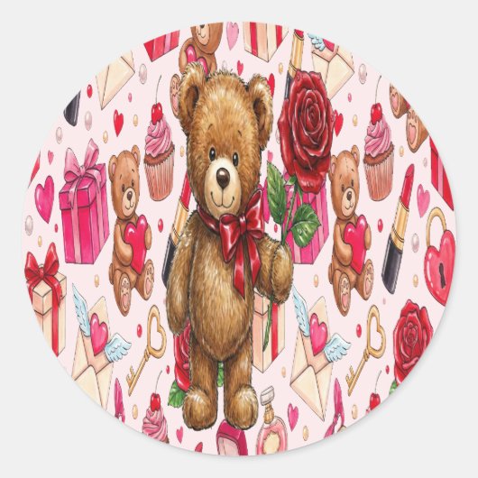 Cute Romantic Red & Pink Watercolor Love Pattern Ronde Sticker (Voorkant)