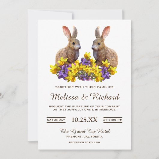 Cute Romantic Spring Floral Rabbits Wedding Invite Kaart (Voorkant)