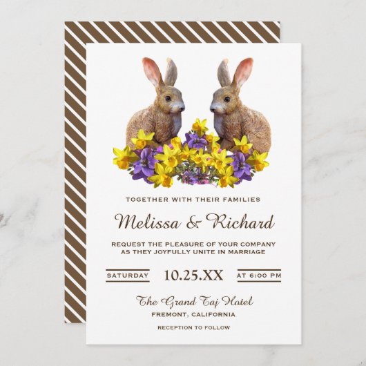 Cute Romantic Spring Floral Rabbits Wedding Invite Kaart (Voorkant / Achterkant)