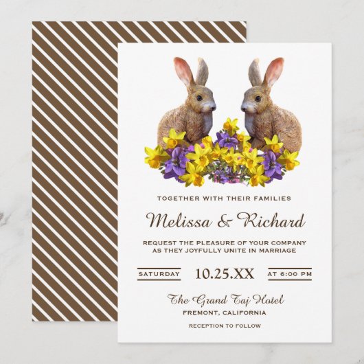 Cute Romantic Spring Floral Rabbits Wedding Invite Kaart (Voorkant / Achterkant)