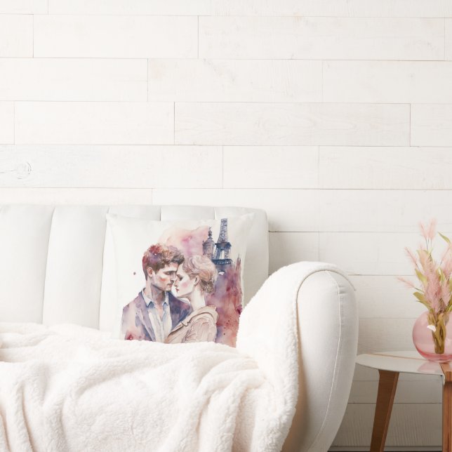 Cute Romantic Waterverf Couples in Paris Throw P Kussen (Bank)