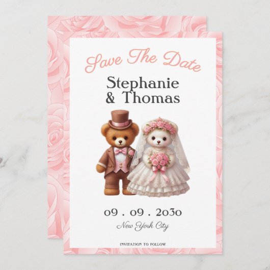 Cute Romantische Teddybeer Bruidegom en Bruid Trou Save The Date (Voorkant / Achterkant)
