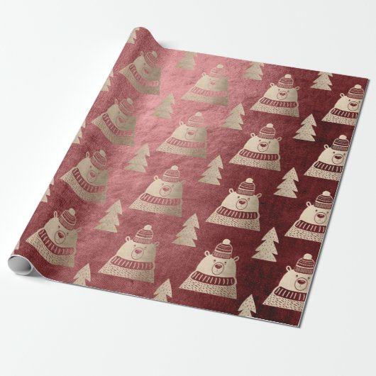 Cute  roos beer met kerstboom  cadeaupapier (Uitgerold)