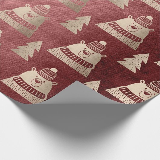 Cute roos beer met kerstboom cadeaupapier (Hoek)