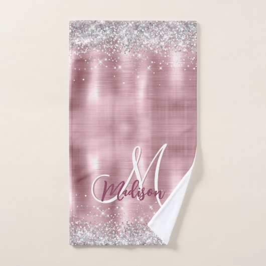 Cute roos blush Silver Faux monogram Bad Handdoek (Handdoek)