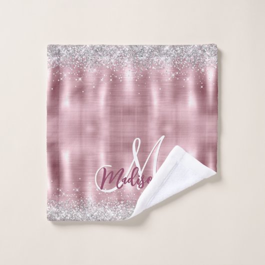 Cute roos blush Silver Faux monogram Bad Handdoek (Wasdoekje)