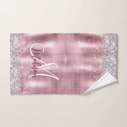 Cute roos blush Silver Faux monogram Bad Handdoek (Handdoek)