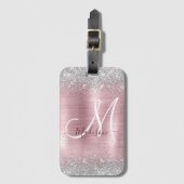 Cute roos blush Silver Faux monogram Bagagelabel (Voorkant (verticaal))