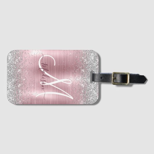 Cute roos blush Silver Faux monogram Bagagelabel (Voorkant (horizontaal))