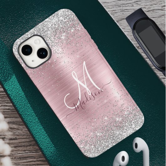Cute roos blush Silver Faux monogram Case-Mate iPhone Case