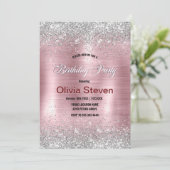 Cute roos blush Silver Faux monogram Kaart (Staand voorkant)