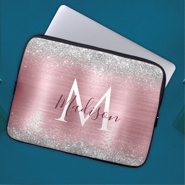 Cute roos blush Silver Faux monogram Laptop Sleeve (Creator heeft geüpload)