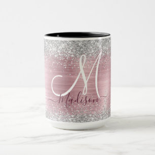 Cute roos blush Silver Faux monogram Mok