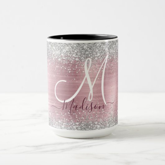 Cute roos blush Silver Faux monogram Mok (Midden)