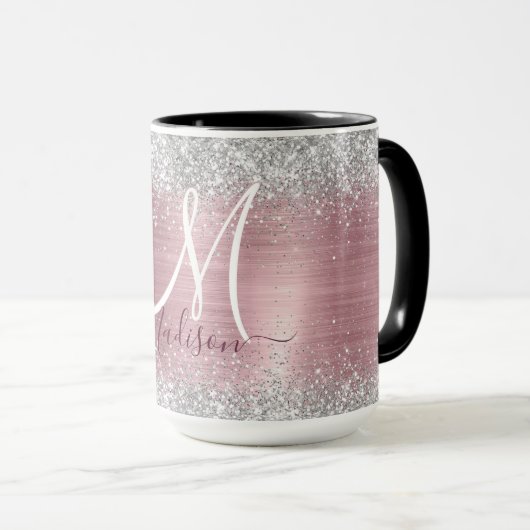 Cute roos blush Silver Faux monogram Mok (Voorkant rechts)