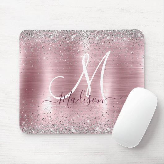 Cute roos blush Silver Faux monogram Muismat (Met muis)