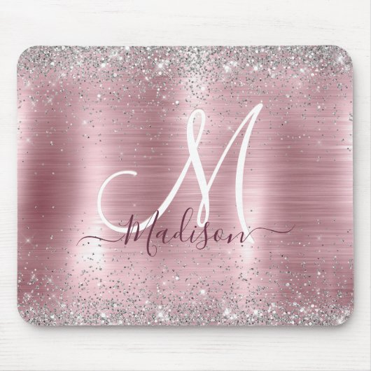 Cute roos blush Silver Faux monogram Muismat (Voorkant)