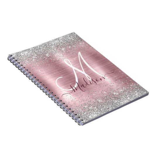 Cute roos blush Silver Faux monogram Notitieboek (Rechterzijde)