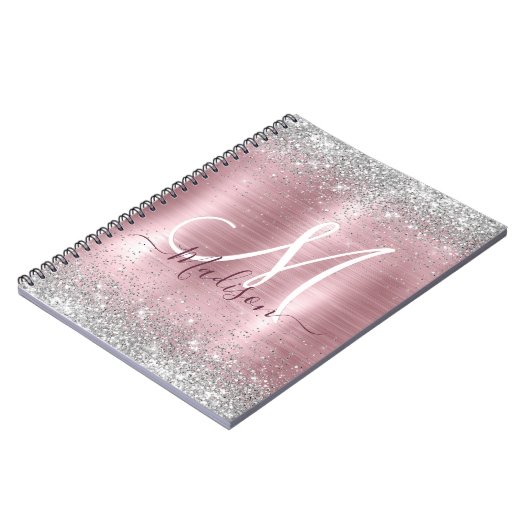 Cute roos blush Silver Faux monogram Notitieboek (Linkerzijde)