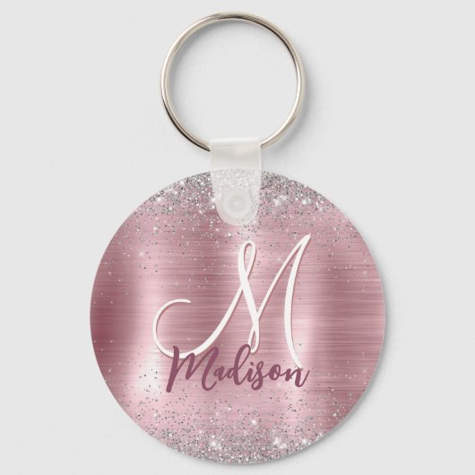Cute roos blush Silver Faux monogram Sleutelhanger (Voorkant)