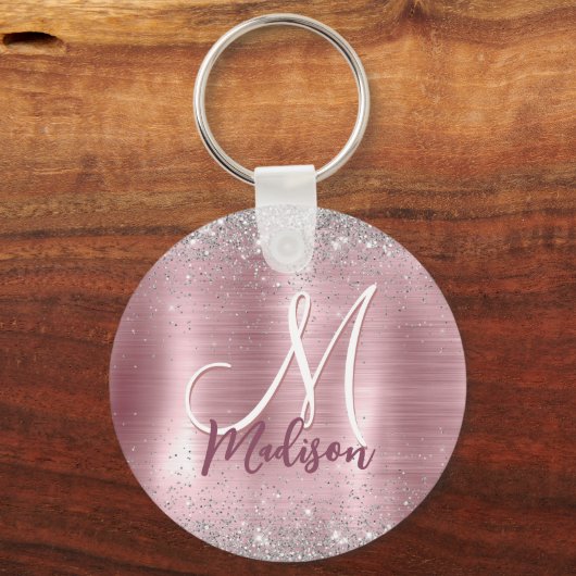 Cute roos blush Silver Faux monogram Sleutelhanger (Voorkant)