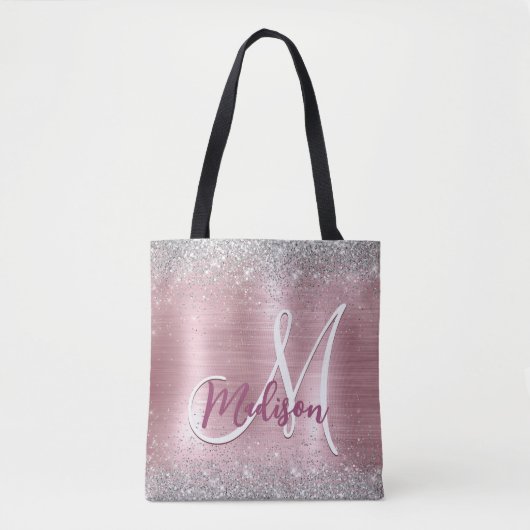 Cute roos blush Silver Faux monogram Tote Bag (Voorkant)