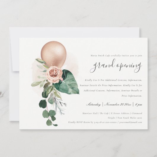 Cute Roos Gold Balloon Floral Grand Opening Invite Bedankkaart (Voorkant)