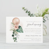 Cute Roos Gold Balloon Floral Grand Opening Invite Bedankkaart (Staand voorkant)