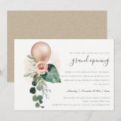 Cute Roos Gold Balloon Floral Grand Opening Invite Bedankkaart (Voorkant / Achterkant)