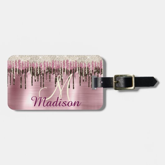 Cute Roos gold Brown Glitter Driemonogram Bagagelabel (Voorkant horizontaal)