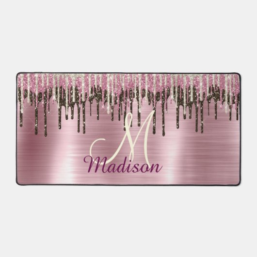 Cute Roos gold Brown Glitter Driemonogram Bureaumat (Voorkant)