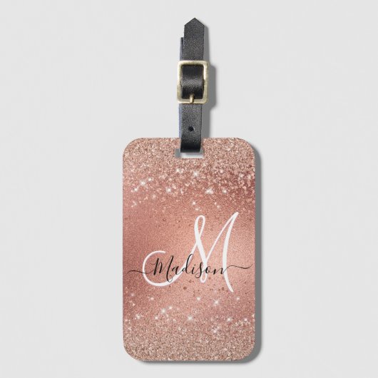 Cute roos gold faux glitter monogram bagagelabel (Voorkant (verticaal))