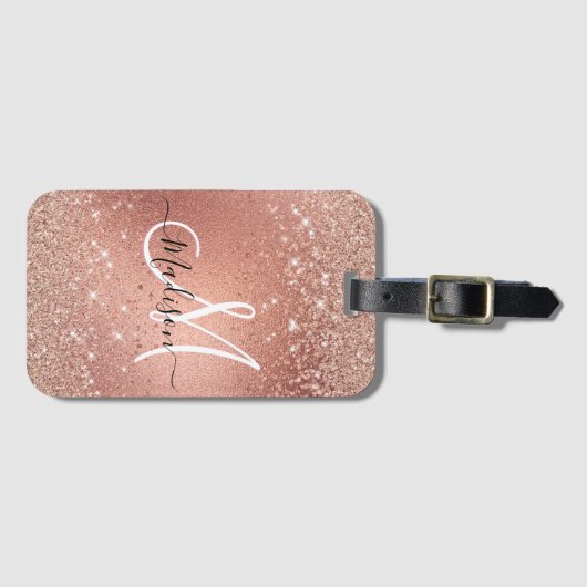 Cute roos gold faux glitter monogram bagagelabel (Voorkant (horizontaal))