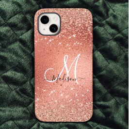 Cute roos gold faux glitter monogram Case-Mate iPhone 14 hoesje