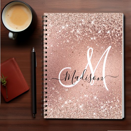 Cute roos gold faux glitter monogram notitieboek