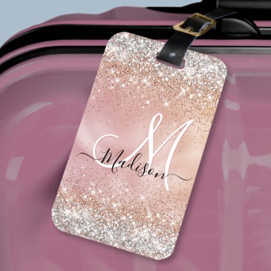 Cute roos gold faux zilverglitter monogram bagagelabel