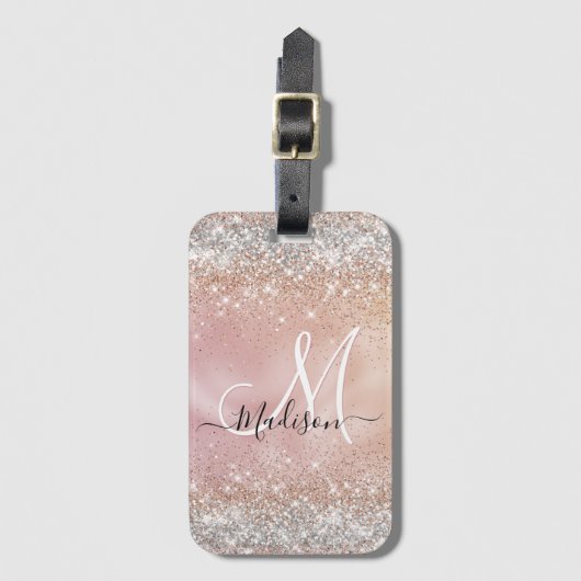 Cute roos gold faux zilverglitter monogram bagagelabel (Voorkant (verticaal))