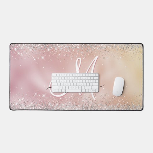Cute roos gold faux zilverglitter monogram bureaumat (Keyboard & Muis)