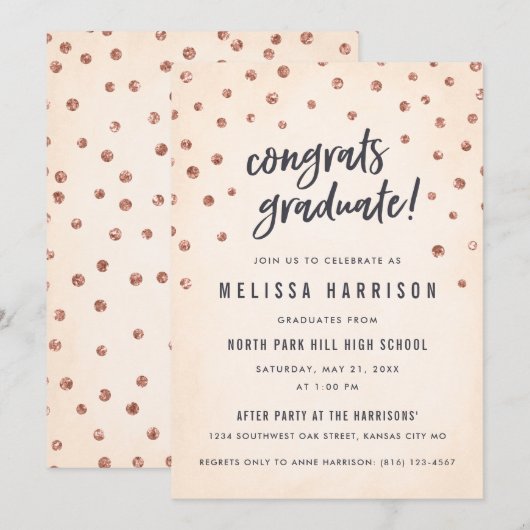Cute Roos Gold Polka Dot Graduation Invitation Kaart (Voorkant / Achterkant)