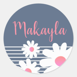 Cute Roos Pink Daisy Flowers Pastel Blue Name Ronde Sticker